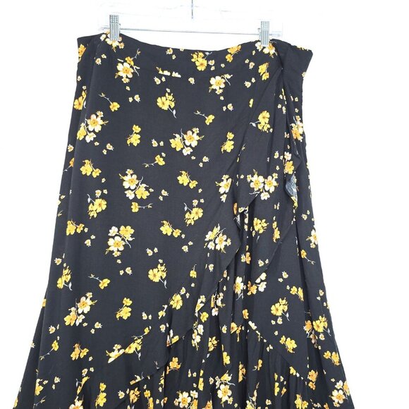 NWT Torrid Black Yellow Floral Faux Wrap Maxi Challis Skirt Ruffle Trim High Low - Picture 3 of 12